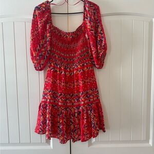 Vici puff sleeve smocked Vibrant Red Patterned Dress with ruffle size small